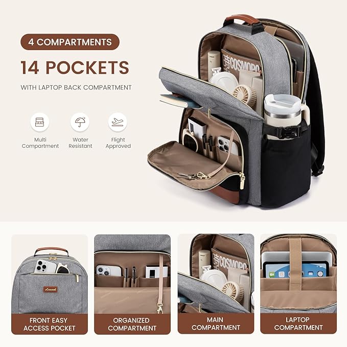 LOVEVOOK Laptop Backpack for Women with Pouch Pocket for Large Capacity Cup,17 Inch Teacher Nurse College Work Backpack Purse,Waterproof Laptop Bag Computer Back Pack for Travel, Grey-Black-Brown