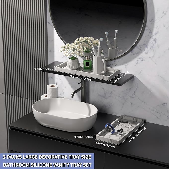 BBK Bathroom Vanity Tray 11.8 in- 2 Pack(Large) Silicone Bathroom Tray for Counter, Perfume Key Trinket Ring Tray, Decor Soap Dispenser Countertop Tray for Kitchen Sink Organization(Faux Marble Look)