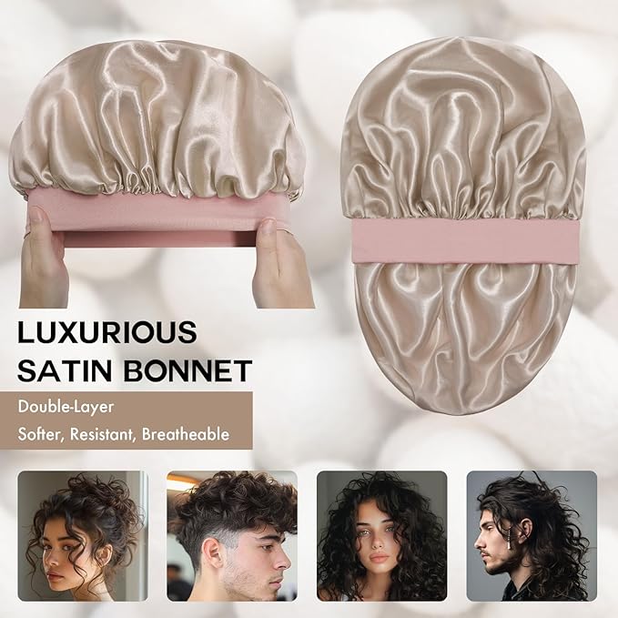 Satin Silk Bonnet for Sleeping, Double Layer Silk Sleep Cap for Men & Women, Soft Satin Lined Bonnet for Natural & Curly Hair(Champagne Pink)