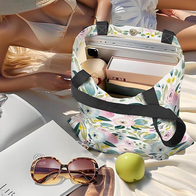 Canvas Tote Bag for Women，Cute Heavy-Duty Shoulder Bag with Zipper Pocket -Travel Tote for Grocery, Gym,Shopping