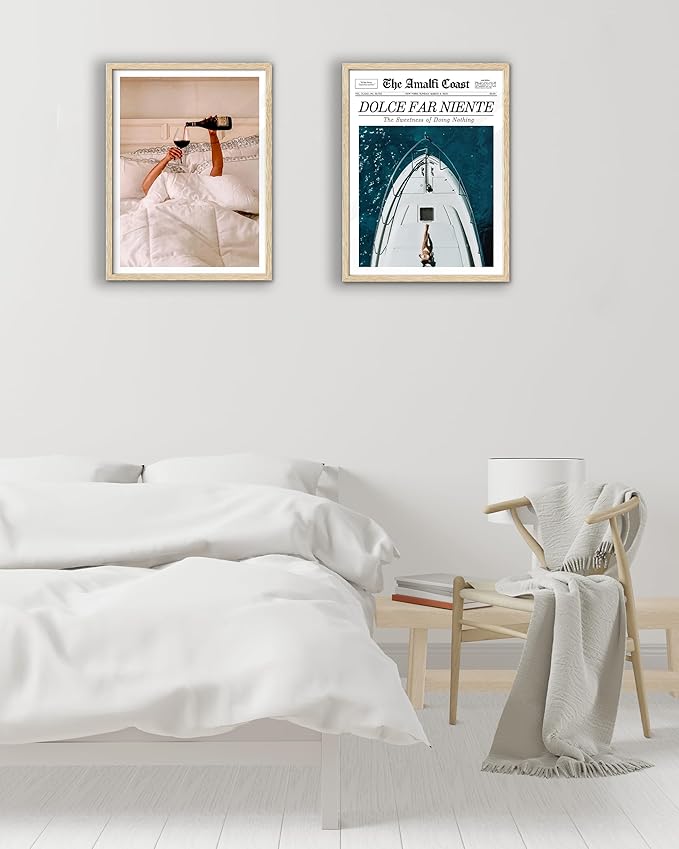 EcoHest Trendy Newspaper Dolce Far Niente Framed Wall Art, 12x16 in OAK Wood La Dolce Vita Canvas Art, Magazine Italian Summer Headline Print Decor, Beige Logs Set of 1 for Bedroom Living Room