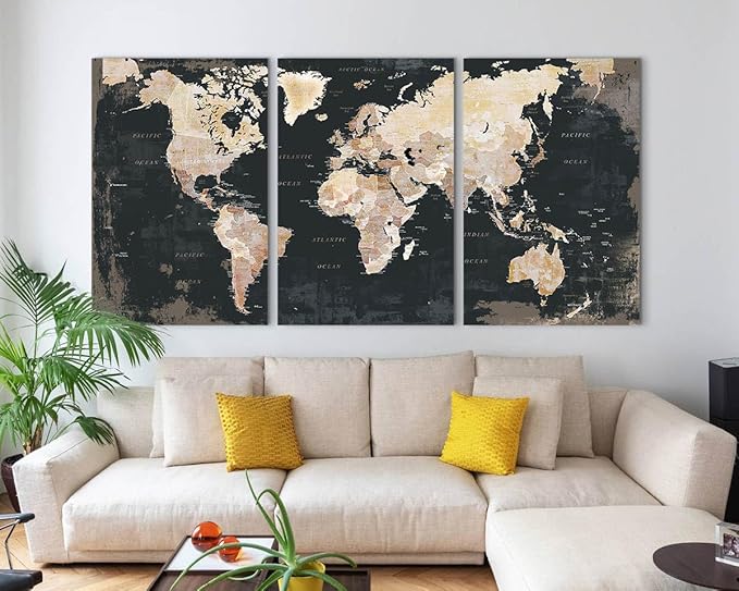 Living Room Wall Art Large Home Office Wall Decor Modern Motivational Giant World Map Pictures for Wall Decorations