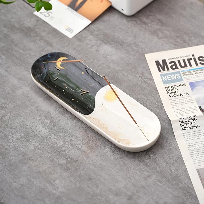 Incense Holder for Sticks, Ceramic Incense Burner with 60 Incense Sticks for Sage Palo Santo, Heat-Resistant Insence-Stick Holder for Backflow Incense Cones Meditation Yoga Spa Room Decor