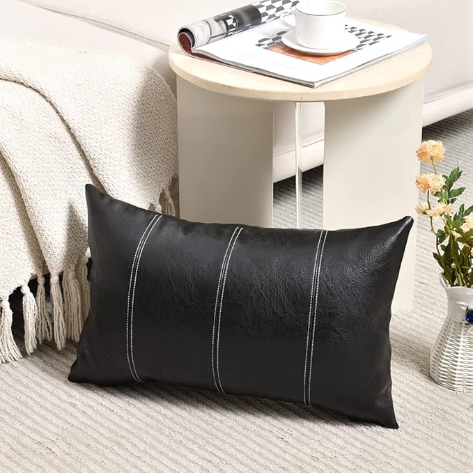 Fancy Homi 2 Packs Black Long Lumbar Faux Leather Decorative Throw Pillow Covers 14x24 Inch for Living Room Couch Bed Sofa, Boho Farmhouse Home Decor, Hand Stitched Rectangle Cushion Case 35x60 cm