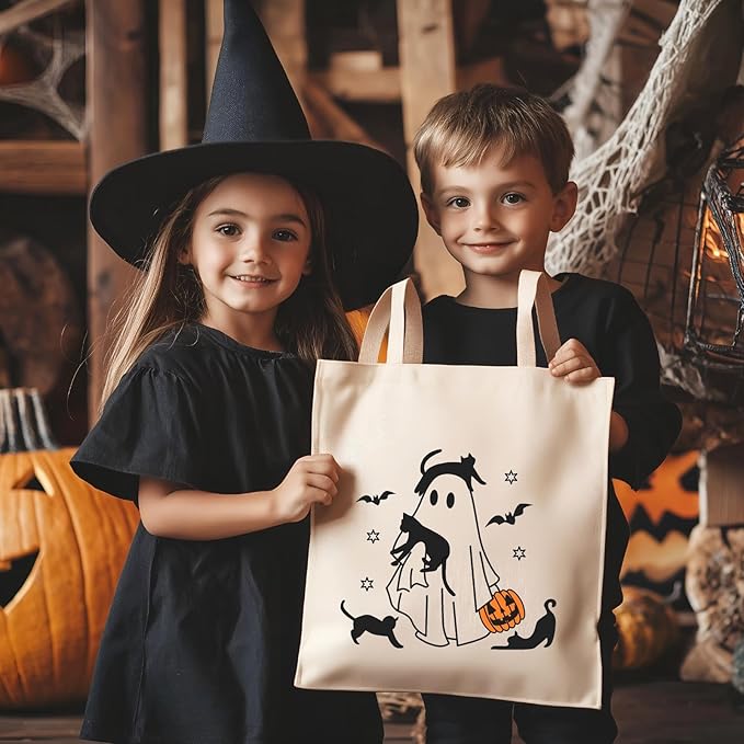 Cute Ghost Tote Bag Black Cats Tote Bag Halloween Cotton Canvas Bag for Women Gift Reusable Grocery Bag Shopping Beach Shoulder Bag