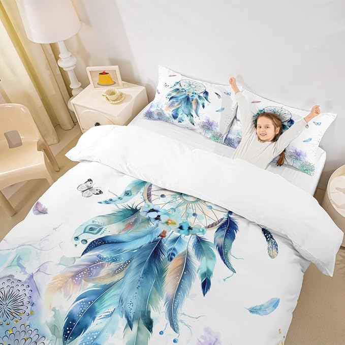 Girly Dream Catcher Duvet Cover Queen,Watercolor Feather Butterflies Retro Farmhouse Style Super Bedding Set,Wild Dandelion Colorful Marble Texture Comforter Cover Bedding 3 Piece (No Comforter)
