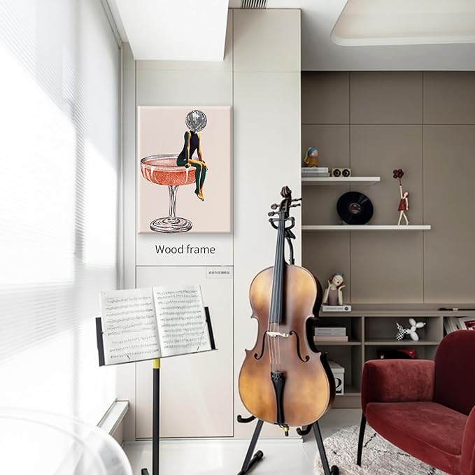 Funky Disco Ball Girly Head Poster 70s Retro Cocktail Canvas Wall Art 08x10 inch Framed Trendy Vintage Beige Prints Painting for Family Bar Wall Decor