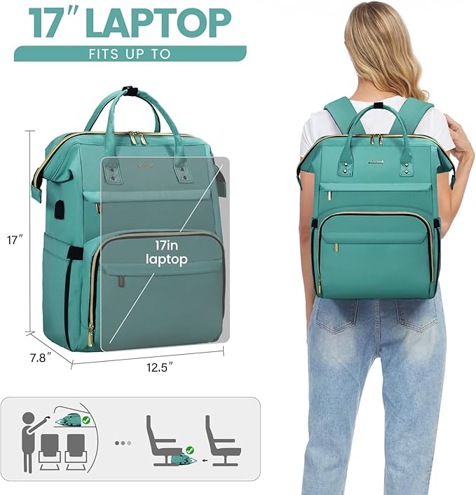 LOVEVOOK Laptop Backpack for Women,17 Inch Professional Womens Travel Backpack Purse Computer Laptop Bag Nurse Teacher Backpack,Waterproof College Work Bags Carry on Back Pack with USB Port,Mint Green