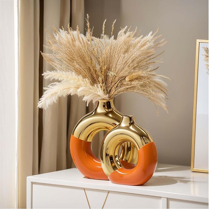 Orange and Gold Ceramic Vase Set of 2,Round Donut Hollow Flower Vases for Home Decor Accents,Modern Minimalist Centerpiece Table Decorations,Wedding,Living Room,Bookshelf,Office,Entryway