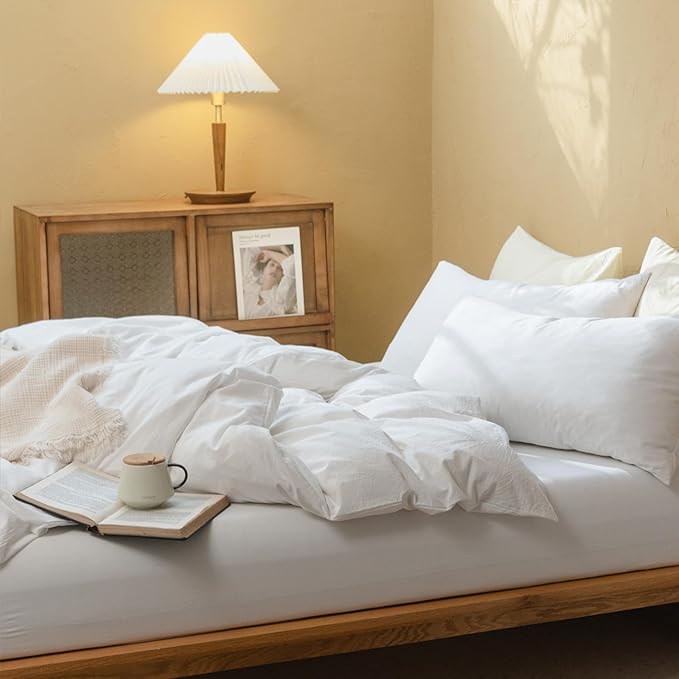 FOSSA White Duvet Cover Set, 100% Washed Cotton Linen Feel Super Soft Breathable Cozy 3 Pieces Bedding Sets Solid Off White King