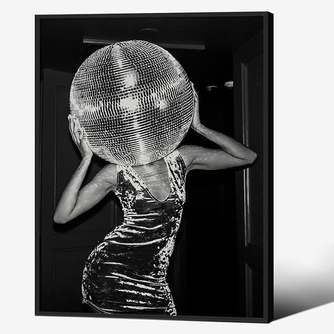 Vintage Funky Y2k Hot Girl Poster Black and White Disco Ball Canvas Wall Art 12x16 inch Black Framed Trendy Preppy Bar Cart Decor for Living Room Dorm