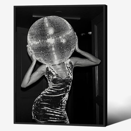 Vintage Funky Y2k Hot Girl Poster Black and White Disco Ball Canvas Wall Art 12x16 inch Black Framed Trendy Preppy Bar Cart Decor for Living Room Dorm