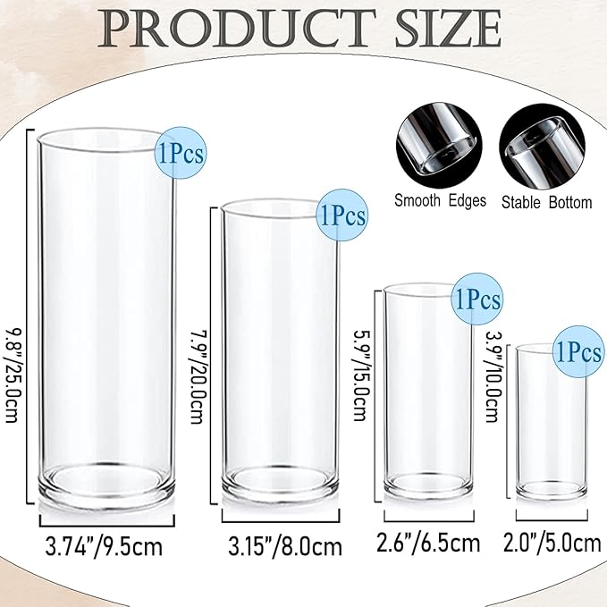 UDU 4 Pack Cylinder Glass Vases for Centerpiece 4,6,8,10 Inch Tall Clear Flower Vase Hurricane Candle Holder Floating Candle Vases for Table Centerpiece Wedding Home Decor