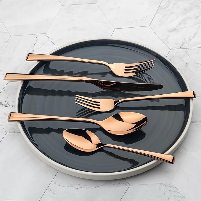 Alata Bailey Rose Gold 20-Piece Forged Stainless Steel Flatware Set Cutlery Set, Service for 4, Silver Finish, Dishwasher Safe