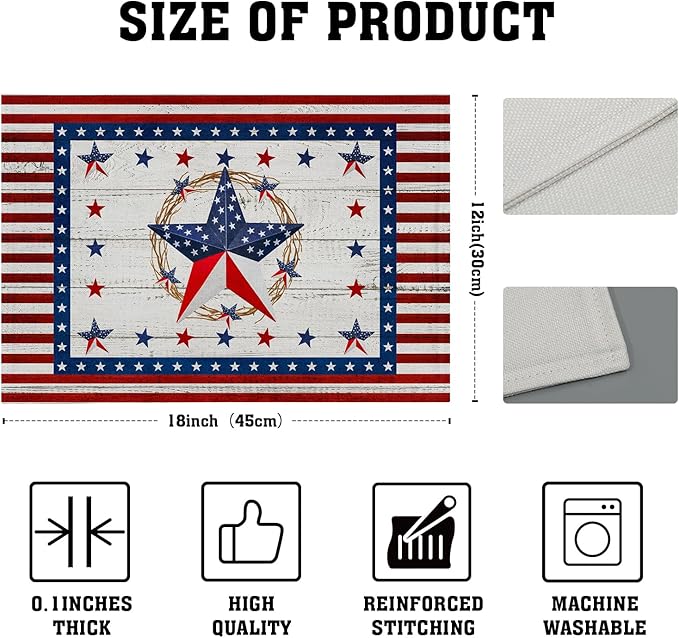 Giwawa 4PCs Patriotic Stars Placemats, 4th of July America Star Wreath Table Mat for Kitchen Dining, Independence Day Decorative Washable Linen Place Mat 12x18in for Holiday Party Picnic