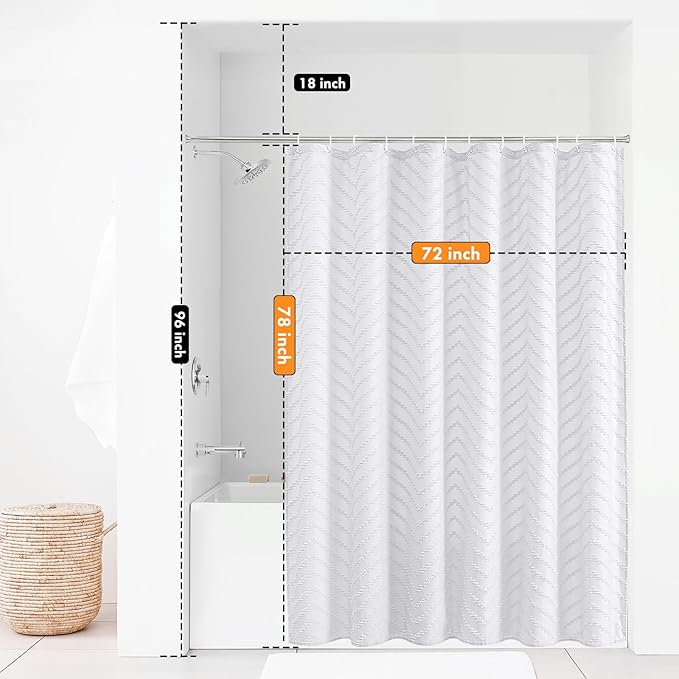 78 inch Shower Curtain Tall Shower Curtain 78 Inches Long White Tufted Chevron Striped Fabric Shower Curtains for Bathroom Modern Shabby Chic Waterproof Cloth Shower Curtains, White
