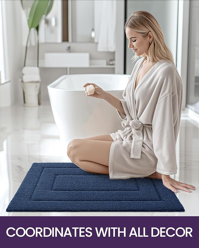 DEXI Bathroom Rug 24x16, Non Slip Washable Bath Mat for Shower Floor, Absorbent Soft Bathmat with Rubber Backing, Quick Dry Microfiber Carpet, Navy