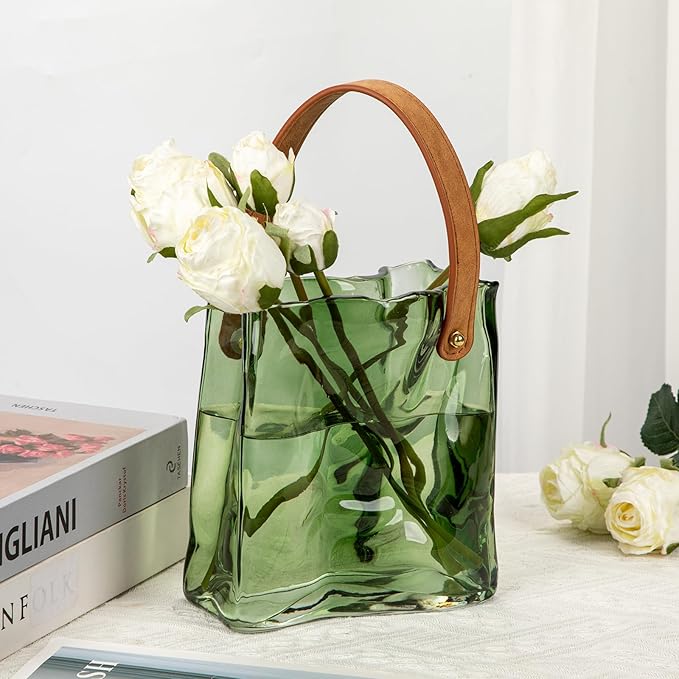 Glass Purse Vase for Flowers Green Vases for Centerpieces Glass Bag Vase with Leather Handle Small Handbag Vases for Decor Decorative Fish Bowl for Home Wedding Decor