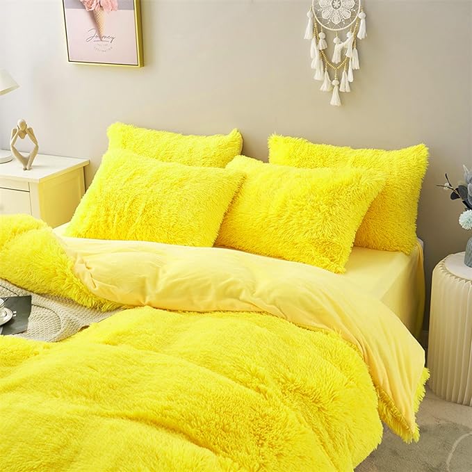 MorroMorn 5 PCS Shaggy Duvet Cover Bedding Set - Fluffy Comforter Cover Long Faux Fur Luxury Ultra Soft Cozy (Yellow, King/California King)