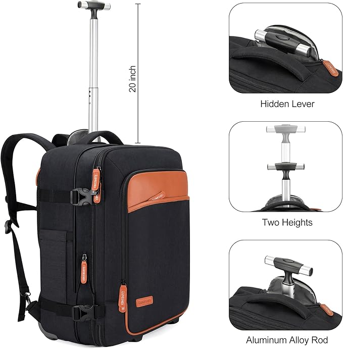 Rolling Backpack for Men and Women, Extra Large 42L Travel Backpack with Wheels, 17.3 Inch Carry-On Laptop Bag with 4 packing cubes for Business and Work, Large Capacity Rolling Bag