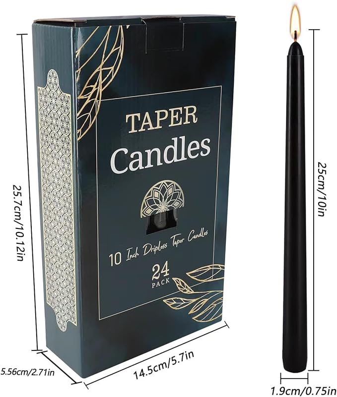 24 Pack Black Taper Candles, 7-8 Hours Burn Time, Unscented, Smokeless and Dripless, 0.75 x 10 Inch Dinner Candle Set for Household, Wedding, Party and Home Décor Candlesticks