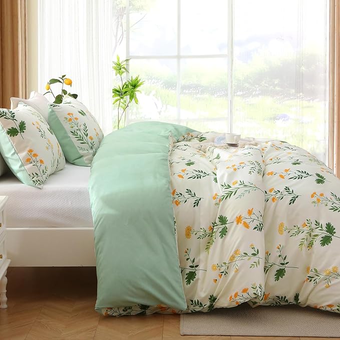 MUXHOMO Duvet Cover Queen Size, Reversible Floral Vintage Duvet Cover Set with Zipper Closure, 3 Pieces Botanical Patterns Soft Microfiber Bedding Set (90"x90", 2 Pillow Cases)