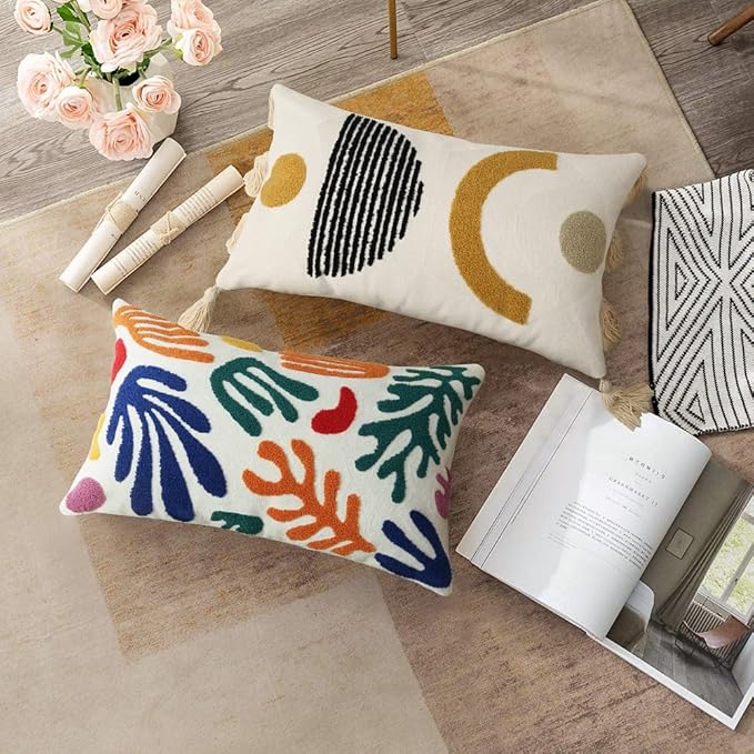 Merrycolor Boho Lumbar Throw Pillow Cover 12x20 Bohemian Tufted Decorative Pillow Covers with Tassels Mid Century Modern Aesthetic Throw Pillow Case for Couch Sofa Bedroom Living Room