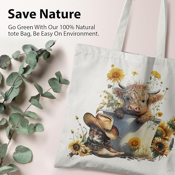 Western Highland Cow Canvas Tote Bag - Highland Cow Lover Gifts,Canvas Shoulder Bag for Women for Girls