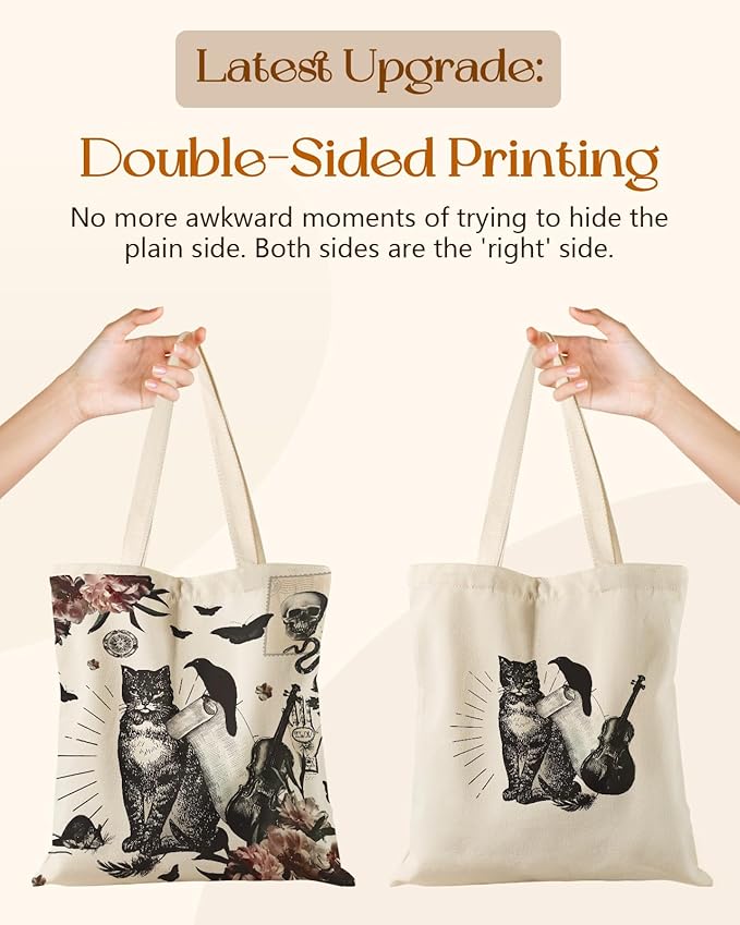 Canvas Tote Bag for Women – Aesthetic Canvas Bag with Zipper Cute Stylish Reusable Shoulder Totes for Shopping Work Daily Vacation, Crow Cat