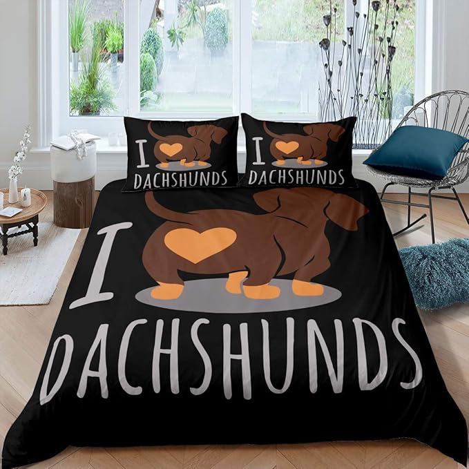 Feelyou Dachshund Sausage Duvet Cover Cartoon Puppy Bedding Set Kids Boys Toddler Weiner Dog Comforter Bedspread Cover Bedroom Collection 3Pcs Full Size Black