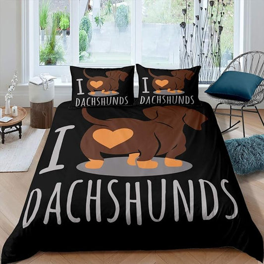 Feelyou King Size Dachshund Sausage Duvet Cover Set 3Pcs Black Cartoon Microfiber Nedding Set Zipper Closure All Seasons