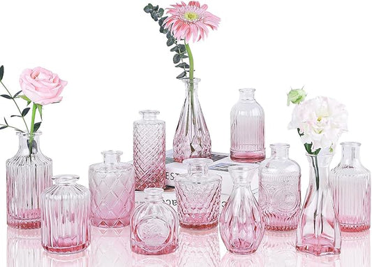 Pink Glass Bud Vases Set of 12, Mini Flower Vase for Centerpieces, Small Vases in Bulk for Wedding Decorations, Vintage Vase for Table, Home Décor