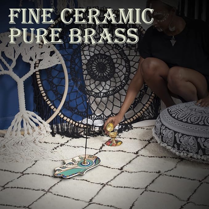 Ceramic Hamsa Hand Incense Holder - 2 in 1 Brass Incense Holder for Sticks and Coil Incense- Zen Decor with Hand of Fatima Design Protection from Evil - 6.2" L X 4.5" W (Blue)