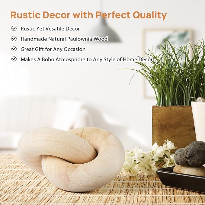 Wood Chain Decor, 2-Link Decorative Chain Hand Carved Boho Wood Knot Decor for Bookshelf Desk Living Room Coffee Table Farmhouse Decorative Ornament (Natural)