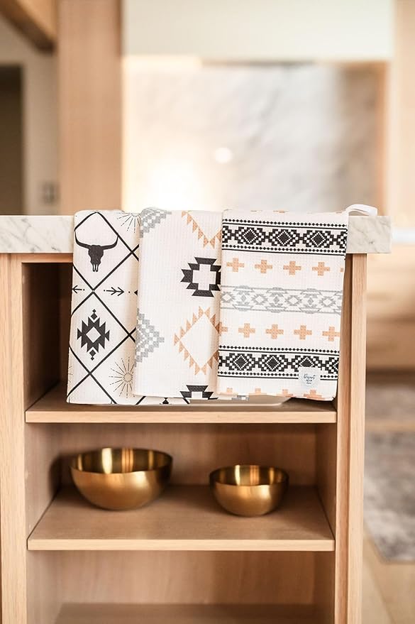 || 3 Pack|| Double Sided || Not Your Ordinary Dish Towels || Waffle Weave Microfiber|| Highly Absorbent || Hanging Loop || Dish Cloths || Modern || Designer Prints (Aztec)