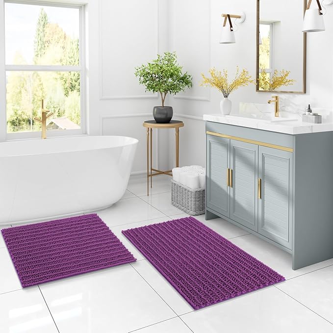 Arotive Luxury Chenille Bathroom Rug Mat, Extra Soft Thick Absorbent Shaggy Bath Rugs, Non-Slip Machine Wash Dry, Plush Bath Mats for Bathroom, Shower and Tub, 24x16, Purple