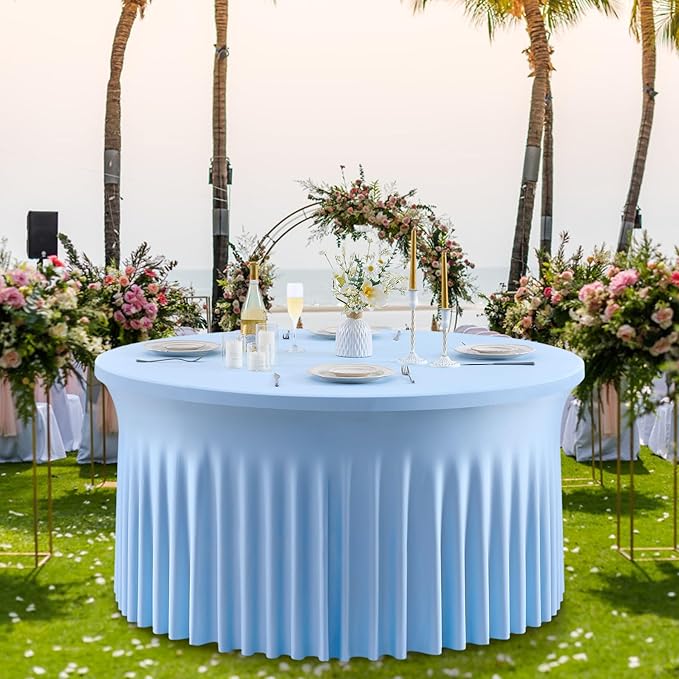 Outpain 6 Pack Spandex Baby Blue Round Tablecloths for 60in Tables, 120Inch Stretchy Fitted 5FT Round Table Clothes,Wrinkle Free Table Cover with Skirt for Wedding Party Dining Banquet
