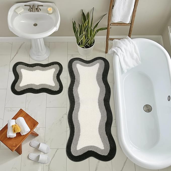 HAOCOO Microfiber Bathroom Runner Rug, 18x47 inch Non Slip Long Rug Runner, Washable Luxury Soft Absorbent Carpet Funny Decor for Shower Kitchen Entryway Bedroom Black/Grey