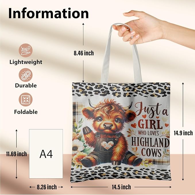 Western Highland Cow Canvas Tote Bag - Highland Cow Lover Gifts,Canvas Shoulder Bag for Women for Girls