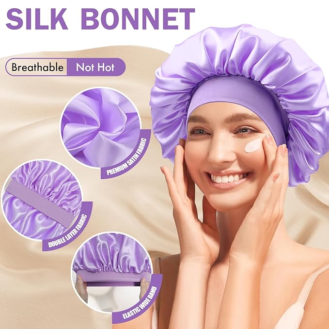 Satin Silk Bonnet for Sleeping, Double Layer Silk Sleep Cap for Men & Women, Soft Satin Lined Bonnet for Natural & Curly Hair(Purple)