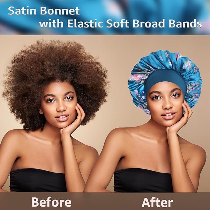 3 Pack Satin Bonnet Silk Hair Bonnet for Sleeping, Sleep Bonnets for Women Large Wide Soft Band Sleep Cap for Curly Hair Braids