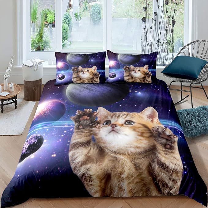 Feelyou Galaxy Cat Duvet Cover Set Universe Galaxy Bedding Set for Kids Boys Girls Cute Kitten Printed Comforter Cover Outer Space Planets Quilt Cover Bedroom Collection 3Pcs King Size