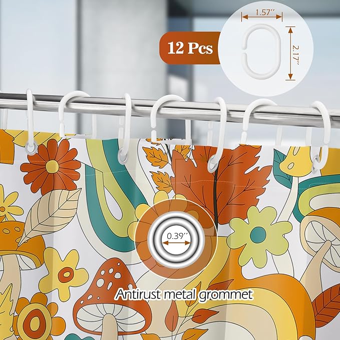 Aimego Cute Mushroom Shower Curtain - 70s Retro Boho Floral Plant Funky Groovy Flowers Hippie Fabric Cloth Bath Shower Curtain Set with 12 Hooks for Bathroom Decor Accessories, 72"x72"