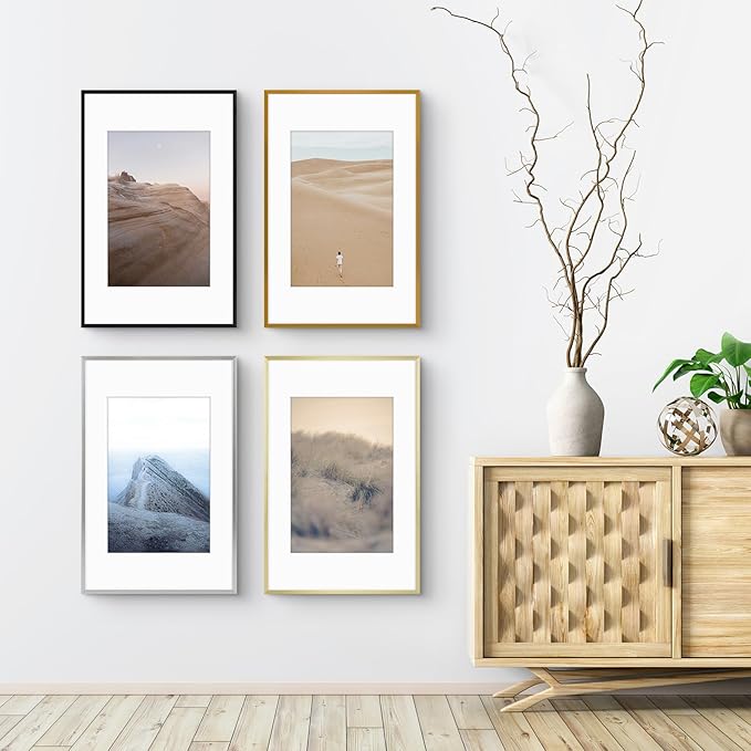 Golden State Art 11x17 Picture Frame 3 Pack - Aluminum Frames with 8x12 Removable Mats & Real Glass, Display 11x17 Posters or 8x12 Photos - Black Gallery Wall Frames for Home Office Decor