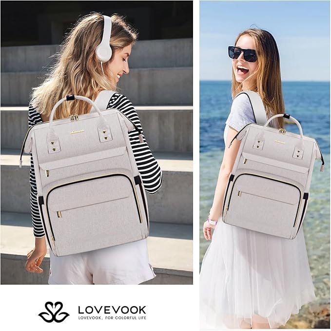 LOVEVOOK Laptop Backpack for Women,17 Inch Professional Womens Travel Backpack Purse Computer Laptop Bag Nurse Teacher Backpack,Waterproof College Work Bags Carry on Back Pack with USB Port,Off-white