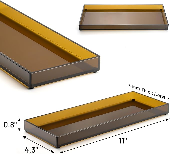 11" x 4.3" Bathroom Vanity Tray Acrylic Decorative Counter Organizer for Soap Dispenser, Perfume, Candle, Makeup - Rectangle Tray for Sink, Toilet Tank, Dresser Home Decor, Small Brown