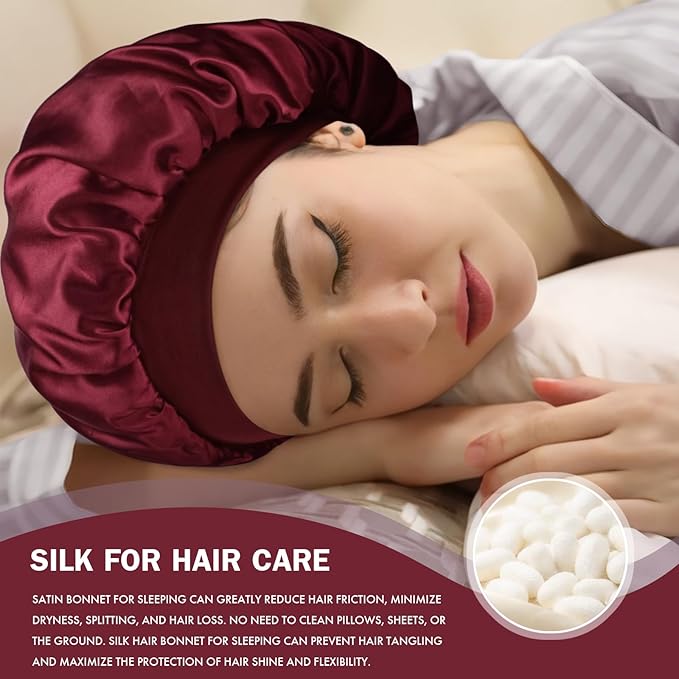 Satin Silk Bonnet for Sleeping, Double Layer Silk Sleep Cap for Men & Women, Soft Satin Lined Bonnet for Natural & Curly Hair(Red)