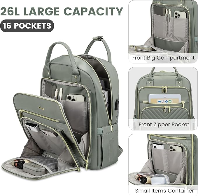 LOVEVOOK Laptop Backpack for Women, Water Resistant Travel Work Backpacks Purse Stylish Business Teacher Nurse Computer Bag with USB Charging Port,Gray-Green
