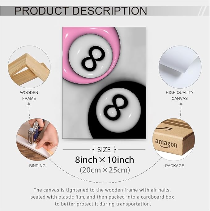 Trendy Pink and Black 8 Billiards Balls Poster Retro Pool Ball Couple Wall Art Y2K Aesthetic Canvas Prints 08x10 inch Framed Preppy Room Wall Decor for Billiard Hall College Dorm