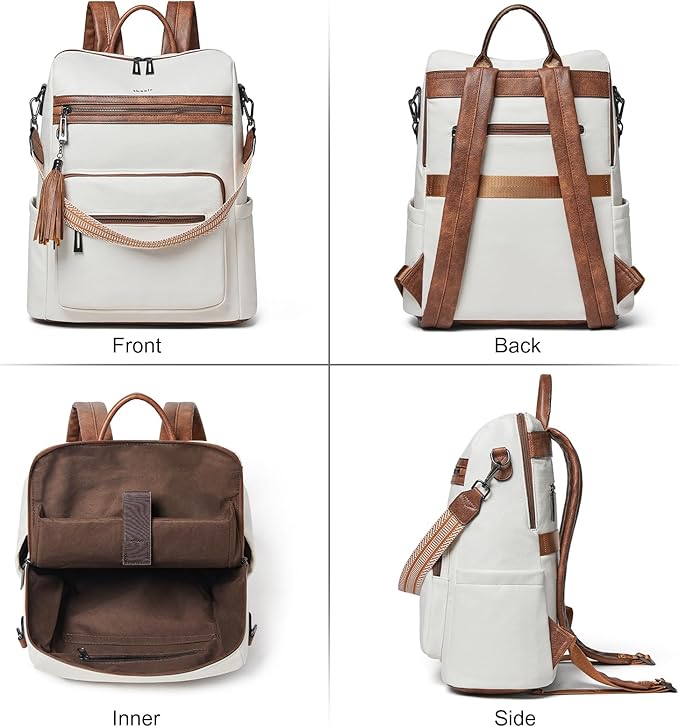 Shrrie 15.6 inch Laptop Backpack for Women,Large Leather Backpack Purse,Travel,Carry on,Water Resistant Casual Laptop Backpacks,College Backpack,Work Backpack for Women,Beige with Brown